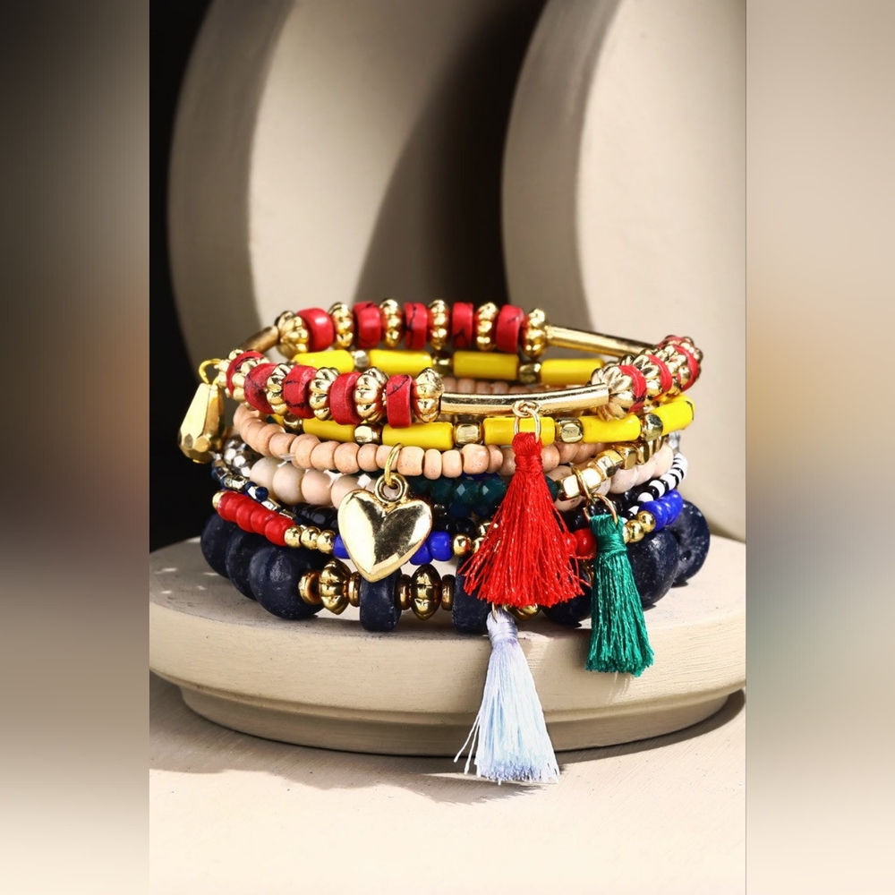 Colorful Bohemian Multi Strand Stretch Bracelet w Golden Heart Charm & Tassels - Picture 2 of 4